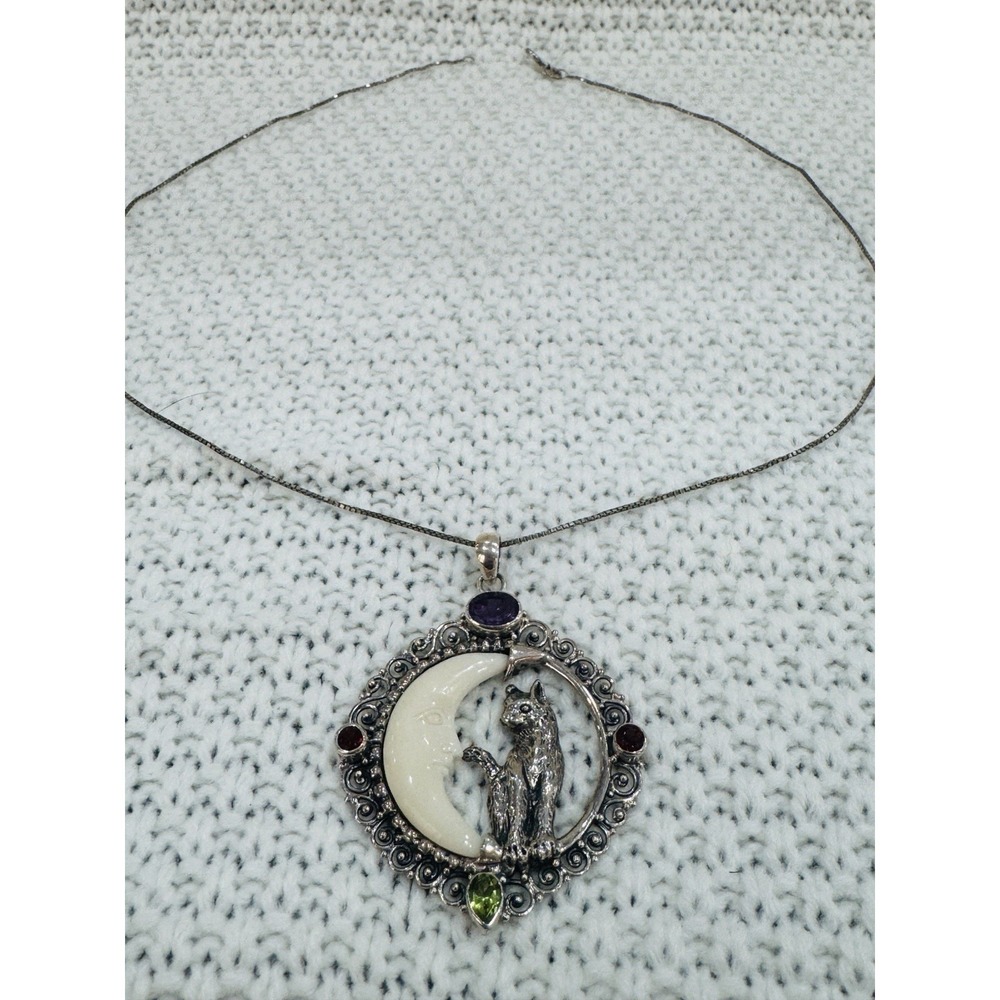 925 Sterling Silver Cat Moon Gemstone Celestial Pendant Necklace 18"